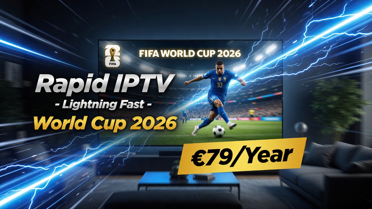 Promotional IPTV image: soccer player on a TV screen with bold 'Rapid IPTV' and yellow '€79/Year' banner amid lightning effects.