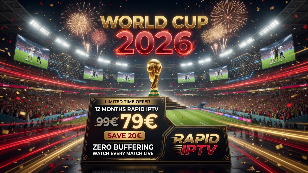 Promotional stadium scene for World Cup 2026 IPTV deal: gold trophy on a pedestal, fireworks, a large 'WORLD CUP 2026' banner, and a sale card showing 79€ with 'save 20€' and 'zero buffering' text.