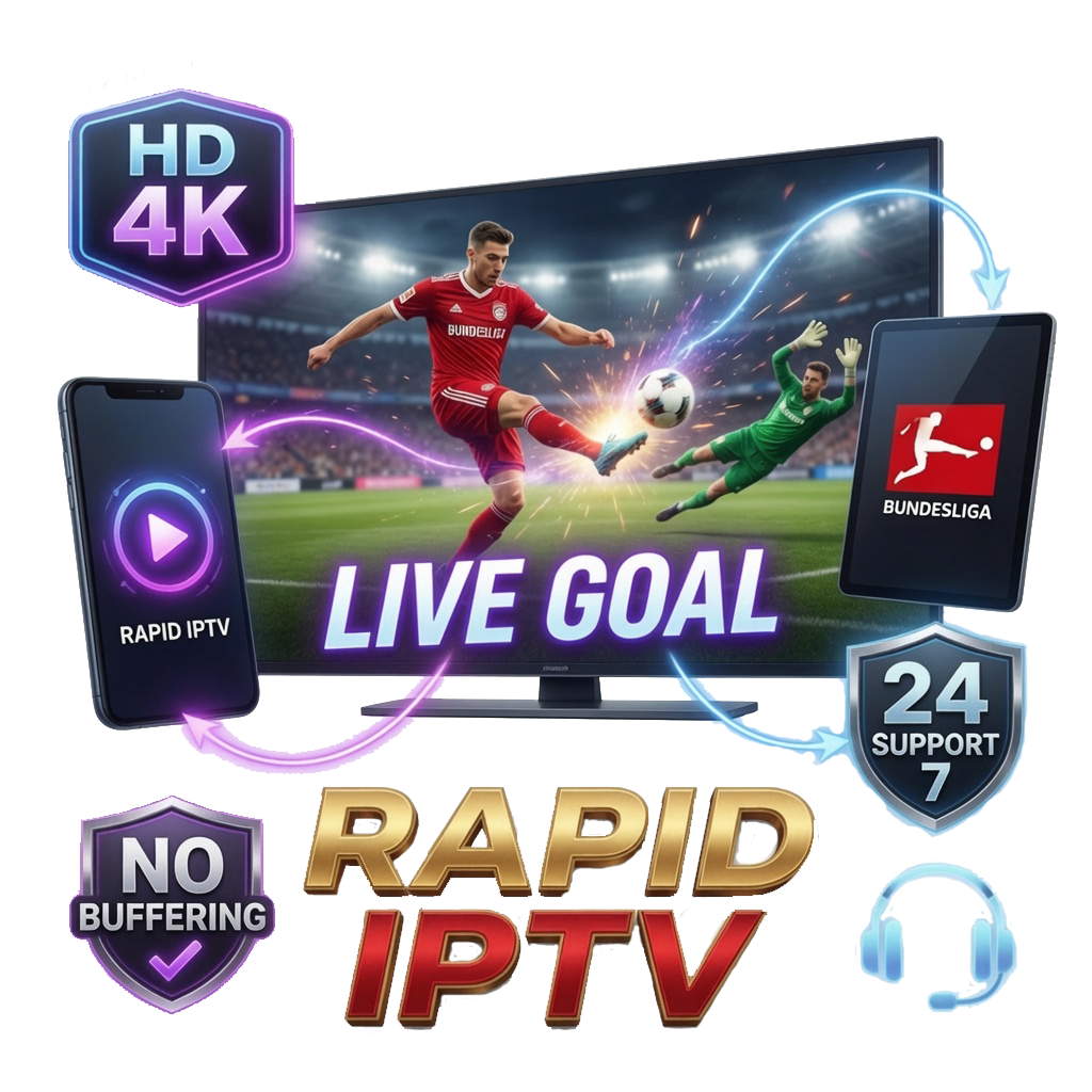 Promotional banner for Rapid IPTV: live football on a TV with mobile and tablet streaming, featuring 4K/HD, 24/7 support, no buffering, Bundesliga logos, and bold 'RAPID IPTV' text.